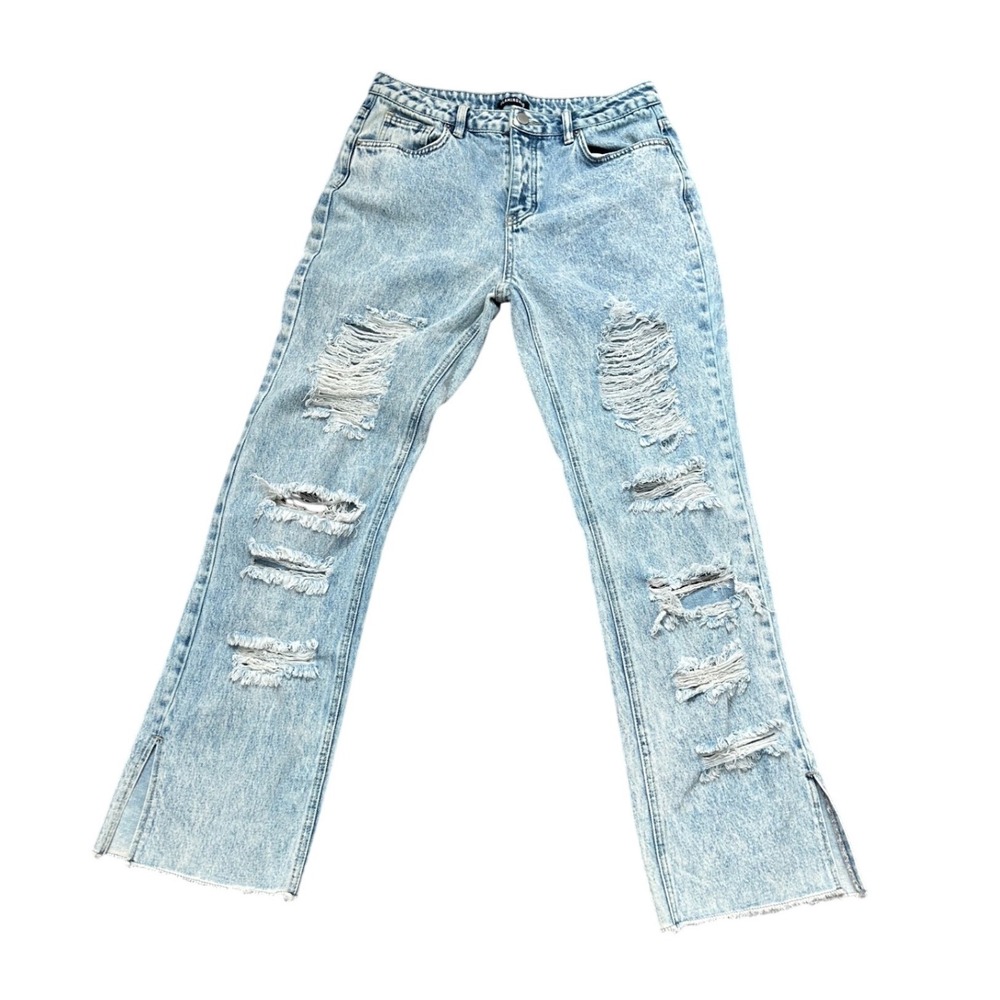 Flamingals Women Light Acid Wash Distressed Ripped Side Slit Straight Leg Jeans